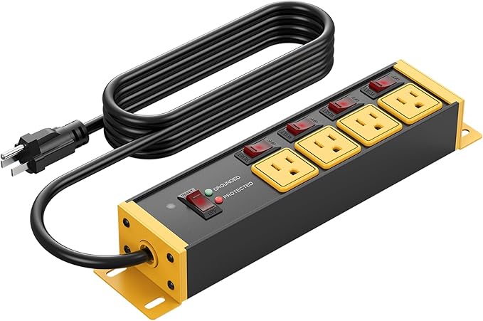 CCCEI Heavy Duty Surge Protector Power Strip 20 Amp Individual Switches. 15FT 12 Gauge Extension Cord with Multiple Outlets. Kitchen, Garage, Shop, Industrial Wall Mount Electric Extender, Yellow.
