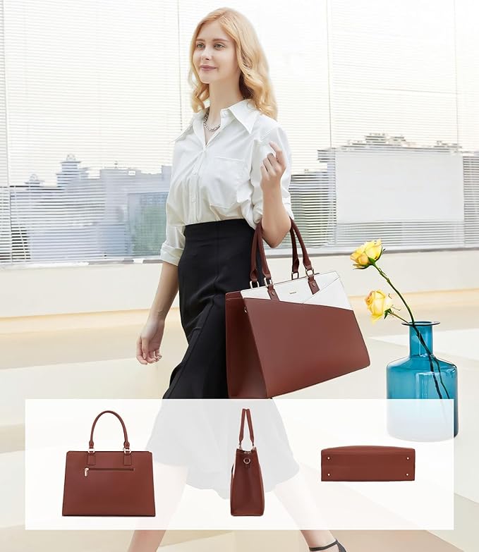 LOVEVOOK Laptop Tote Bag for Women, Leather Business Office Work Bag Computer Briefcase with Small Clutch fit for 15.6 Inch Laptop,Brown-Beige