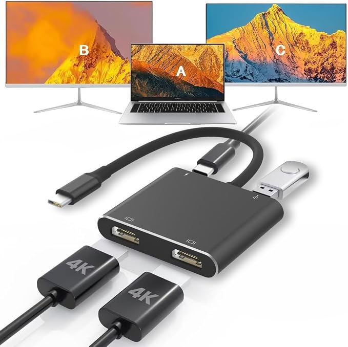 USB C to Dual HDTV Adapter, Fophmo 4K@60Hz HDTV Splitter Extend Display for Dual Monitors, macOS Only Allows Mirror Mode, Windows Allows Multi-Monitor Display 3 Separate Screens for 100W PD,USB-A Port