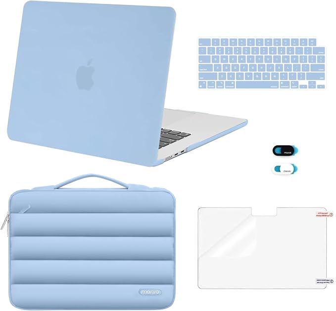 MOSISO Compatible with MacBook Air 15 inch Case M5 2026 M4 2025 M3 2024 M2 2023 A3448 A3241 A3114 A2941, Plastic Hard Shell Case&Puffy Sleeve Bag&Keyboard Skin&Webcam Cover&Screen Film, Air Blue