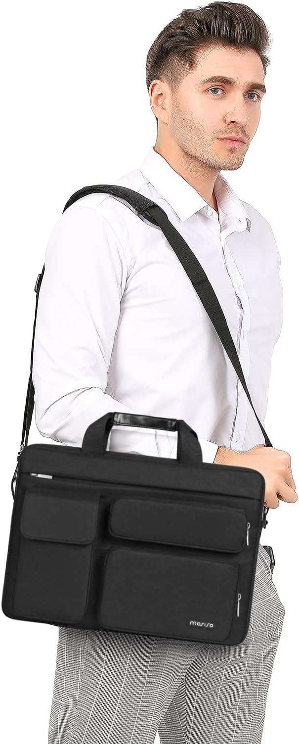 MOSISO Laptop Shoulder Bag 14 inch, 14 inch Computer Bag Compatible with HP Lenovo Dell ASUS Acer, HP Stream, Dell Latitude with 2 Raised&1 Flapover&1 Horizontal Pocket&Handle&Belt, Black