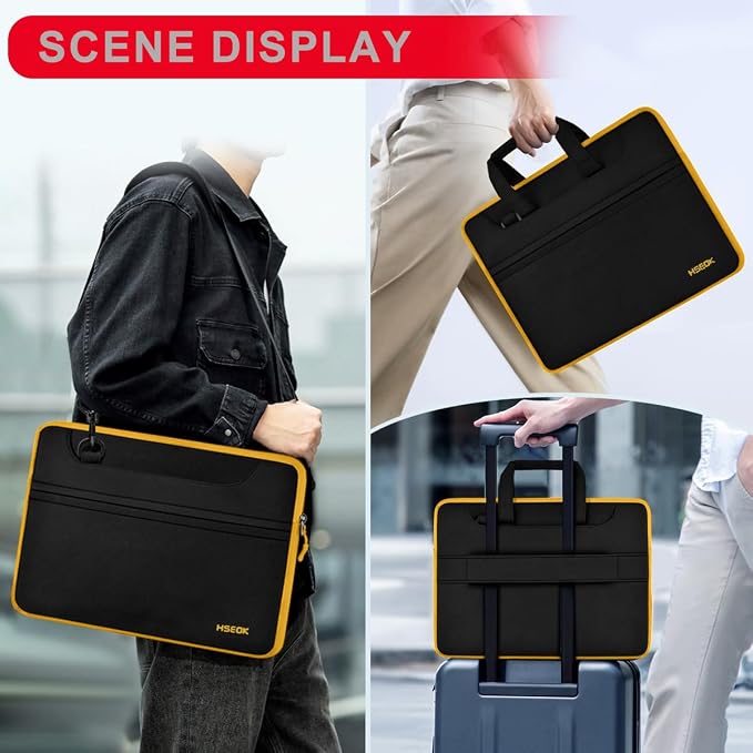 Hseok Laptop Shoulder Bag 15.6-16 inch Case,Water-Resistant Shockproof Computer Handbag with Small Case Compatible with MacBook Pro/Neo 16",Mac Air 15 M5, XPS 15/16 and most 15.6-16 PC,Black-yellow