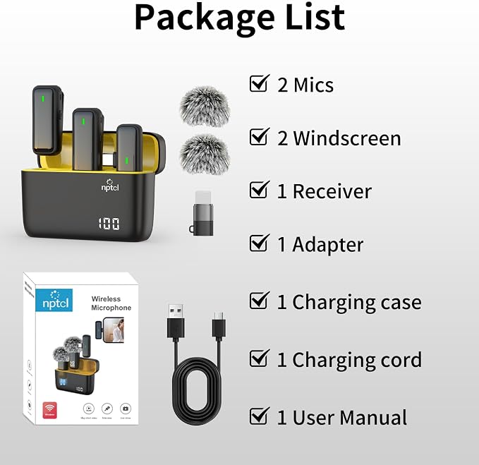 NPTCL Wireless Lavalier Microphone for iPhone Android Phone - USB Type C Mini Microphone with 24H Charging Case Noise Reduction for Video Recording Vlog YouTube TikTok
