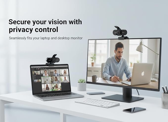 2K HD Webcam with Microphone, Noise Cancellation, Privacy Cover, Wide-Angle Lens, Auto Light Correction, Plug & Play USB Webcam for Laptop, Desktop, PC, Mac, Zoom, Skype, Streaming