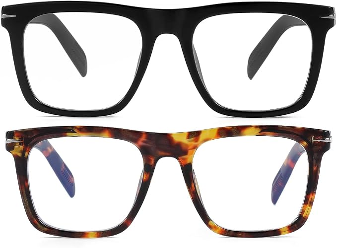 Trendy Square Blue Light Blocking Glasses for Men Women, Fashion Frame Non-prescription Computer Glasses (Black+Tortoise)
