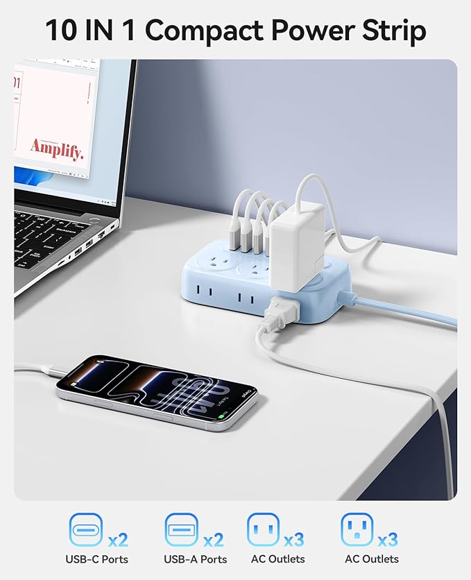 ORICO Surge Protector Power Strip, PD20W Multiple Outlets Extension Cord with 6 AC Outlets and 4 USB Charging Ports (2 USB-C), 45° Flat Plug, 5 Ft Mountable Outlet Extender for Home/Office/Dorm - OG