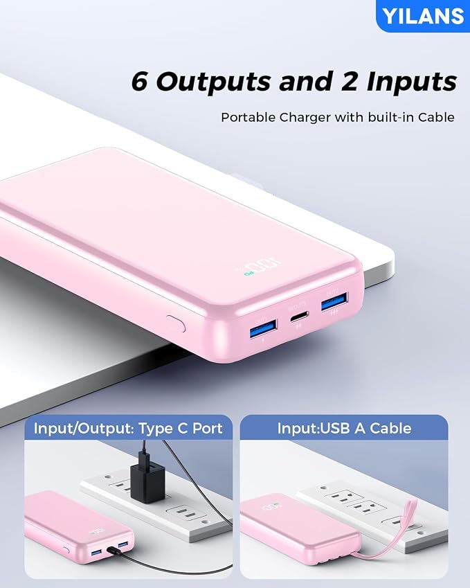 Portable Charger,50000mAh Power Bank Built-in Cable, 22.5W PD USB C In & Out Fast Charging, External Battery Pack with 6 Output & 2 Input, Travel Phone Charger for iPhone 17/16/15/14/13/12(Rosy)