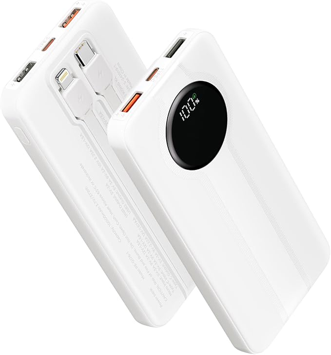 Aioneus Power Bank, 10000mAh Portable Charger with Built in Cables Fast Charging 22.5W USBC in/Out Travel PowerBank Battery Pack for iPhone 16 15 14 13 12 Samsung Galaxy S24 A15 Android Phone(1 Pack)