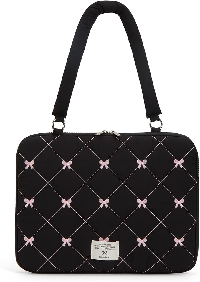 Cute Bow Laptop Case Coquette 13-15 Inch Puffy Laptop Sleeve Accessories Aesthetic Quilted Computer Bag for MacBook (Black, 13-14inch)