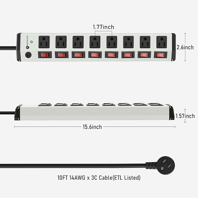8 Outlet Metal Power Strip with Individual Switches,Heavy Duty Appliance Power Strip with Flat Plug,1200J Surge Protector,10FT Extension Cord,15A 120V 1800W,Home Office School Shop Industrial