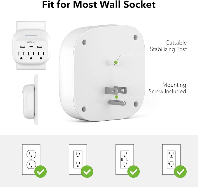 BN-LINK Multi Plug Outlet Extender with USB, Surge Protector Outlet with 3 AC Outlet Splitter and 3 USB Ports (1 USB C), Multi Plug Wall Outlet for Dorm, School, Travel, Office, Home, Travel, 1 Pack