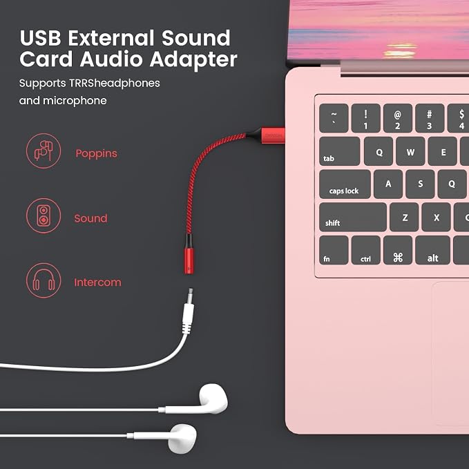 MOSWAG USB to 3.5mm Jack Audio Adapter, USB to Aux Cable with TRRS 4-Pole Mic-Supported Headphone AUX Adapter External Sound Card for Laptop PC PS4 PS5 and More (0.65Feet/20cm, Red)