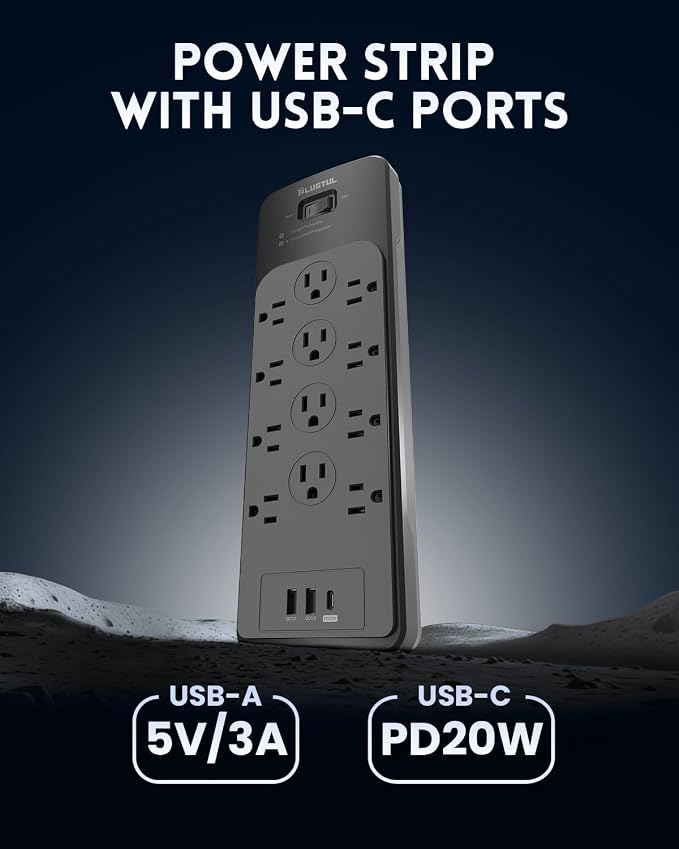 Surge Protector Power Strip 20FT(4080J), PLUGTUL Surge Protector with 12 Outlets - Spacious Design for Large Plugs, Flat Plug, 20W USB C Charging for Home, Office, ETL Listed