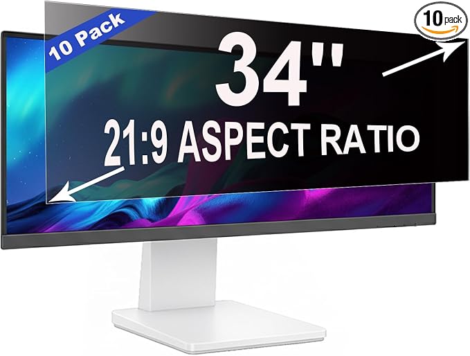 10 Pack Privacy Screen for 34 Inch 21:9 (79.8x34cm) Computer Monitor - Blue Light Filter & Anti-Glare, Removable Screen Privacy Shield | PC Protector Film for Flat and Curved Screens