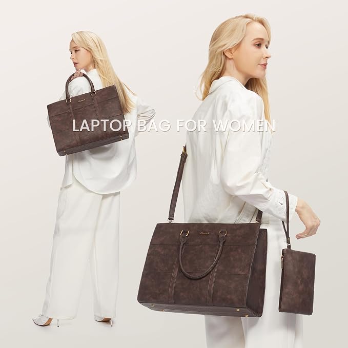 LOVEVOOK Laptop Bag for Women, 15.6 Inch Laptop Tote Bag, Vintage Leather Work Bags for Women, Waterproof Computer bag with Clutch Purse, Large Capacity Briefcase, Business Office Bag | Two-piece set