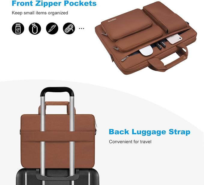 MOSISO Laptop Shoulder Bag 15.6 inch, 15-15.6 inch Computer Bag Compatible with MacBook Pro 16 inch, HP, Dell, Lenovo, Notebook with 2 Raised&1 Flapover&1 Horizontal Pocket&Handle&Belt, Caramel Brown