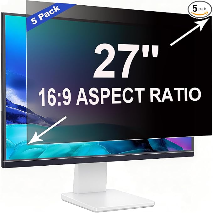 5 Pack Privacy Screen for 27 Inch 16:9 (59.7x33.6cm) Computer Monitor - Blue Light Filter & Anti-Glare, Removable Screen Privacy Shield | PC Protector Film for Flat and Curved Screens