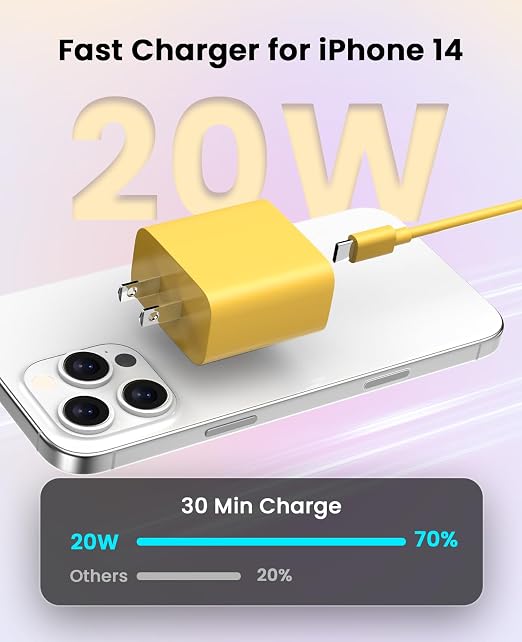 FEEL2NICE iPhone Charger Fast Charging 2 Pack Type C Wall Charger Block with 2 Pack [6FT&10FT] Long USB C to Lightning Cable for iPhone 14/13/12/12 Pro Max/11/Xs Max/XR/X,AirPods Pro,Yellow