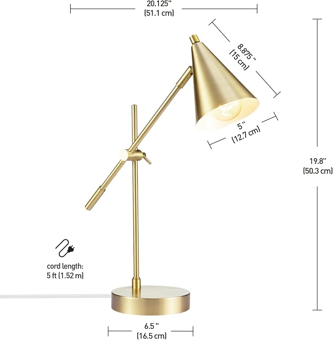 Globe Electric x Novogratz 52887 18" Desk Lamp, Matte Brass Finish, Adjustable Height, Balance Arm, Rotary Switch on Shade, Modern Lighting for Bedroom or Office, E26 Base 50W Bulb