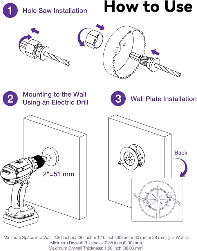 VCELINK in-Wall Cable Management Kit, 2.44" (62 mm) Mini Wall Cord Hider for TV/Coaxial/HDMI/Speaker Cords, Includes 2 Pass-Throughs, Locking Brackets, and Hole Saw Drill Attachment, Black, 2 Pack
