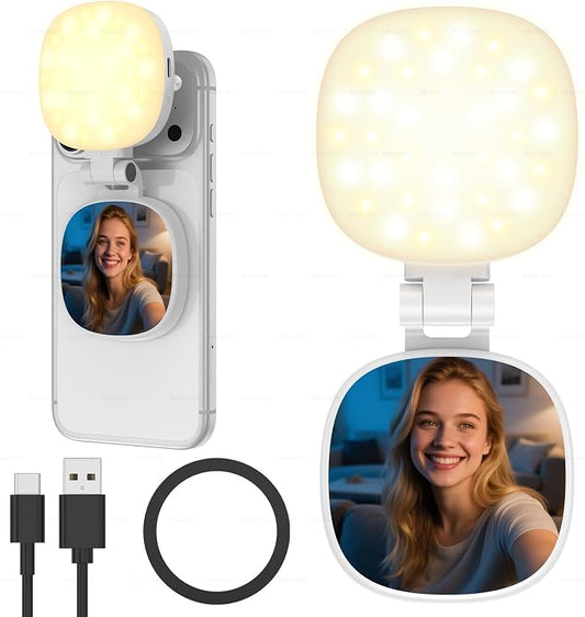 MrCrafts Magnetic Selfie Light for Mobile Phones with Mirror, 3 Modes Portable Light, Rechargeable Light with Magnetic Ring, Suitable for Photography/TikTok/Zoom Calls/Video Conferencing
