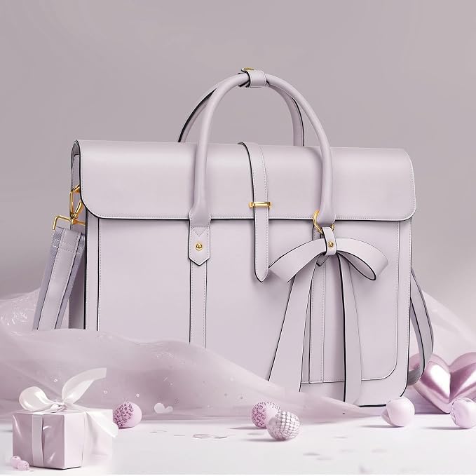 MOSISO Laptop Bag for Women, 13-14 inch PU Leather Laptop Shoulder Bags Convertible Backpack, 13.3 inch Messenger Bags Casual Handbag Work Briefcase Travel Computer Bag with Bowknot, Dusty Lilac