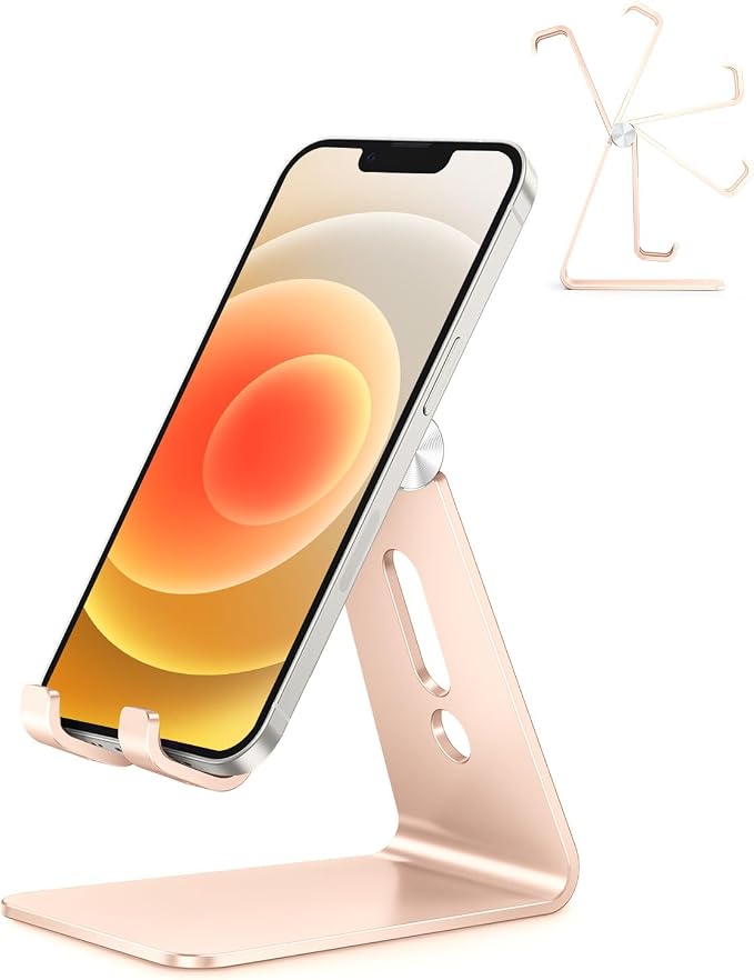 OMOTON Adjustable Cell Phone Stand, C2 Aluminum Desktop Phone Dock Holder Compatible with iPhone 15 14 13 Pro, SE, XR, 8 Plus 7 6, Samsung Galaxy, Google Pixel and More, Gold