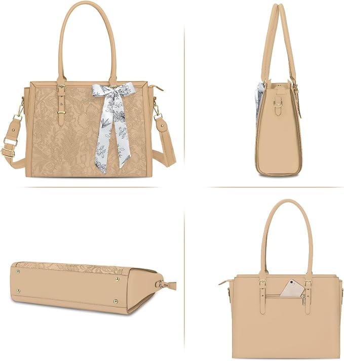 MOSISO Laptop Bag for Women, 17-17.3 inch PU Leather Tote Bag Compatible with MacBook, HP, Dell, Asus Notebook, Front Embossed Retro Hibiscus Computer Bags with Silk Scarf&Clutch Purse, Apricot