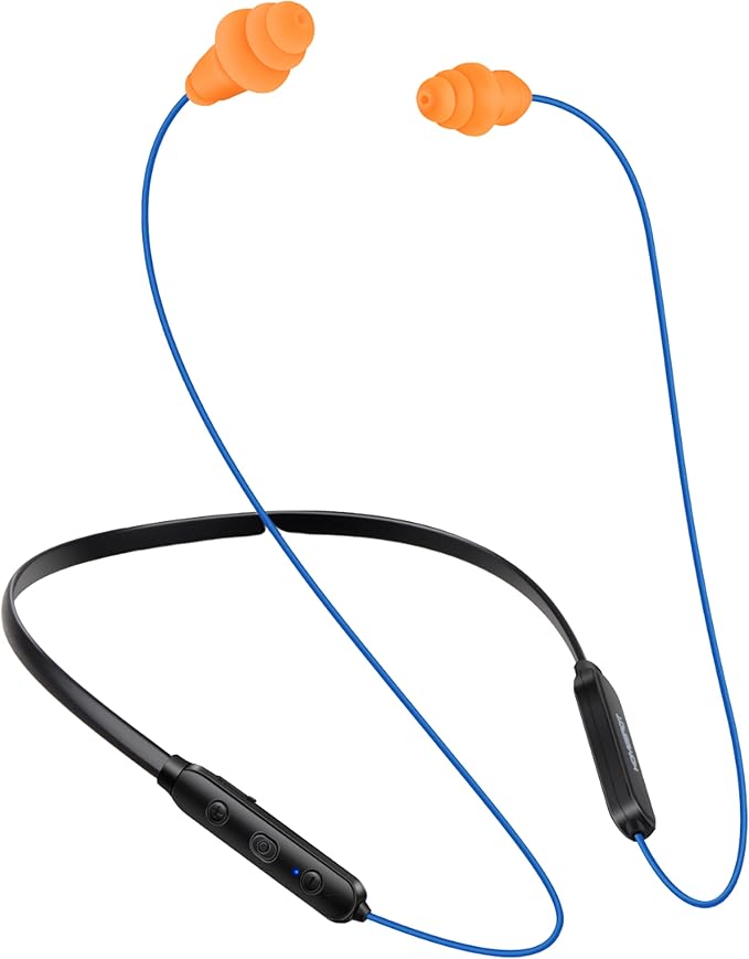 Noise Reduction Wireless Neckband Headphones with Qualcomm aptX HD, 27dB NRR, CVC Noise Cancelling Mic & Controls and 20H Playtime for Work Safety OSHA Compliant - Blue Wire Orange Earbuds