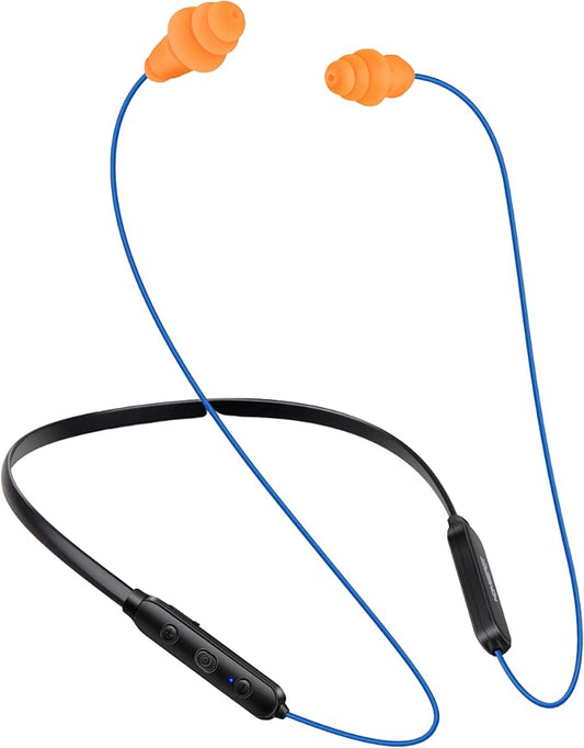 Noise Reduction Wireless Neckband Headphones with Qualcomm aptX HD, 27dB NRR, CVC Noise Cancelling Mic & Controls and 20H Playtime for Work Safety OSHA Compliant - Blue Wire Orange Earbuds