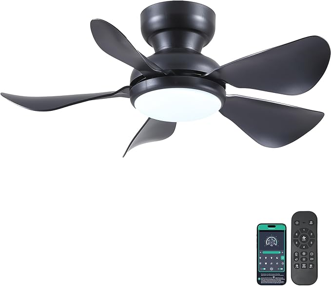 Kviflon 32 Inch Modern Ceiling Fans with Lights, Small Flush Mount Ceiling Fan with Light and Remote/APP Control, 5 Reversible 6 Speeds Curved Blades, 3 CCT Dimmable Lights for Bedroom, Black