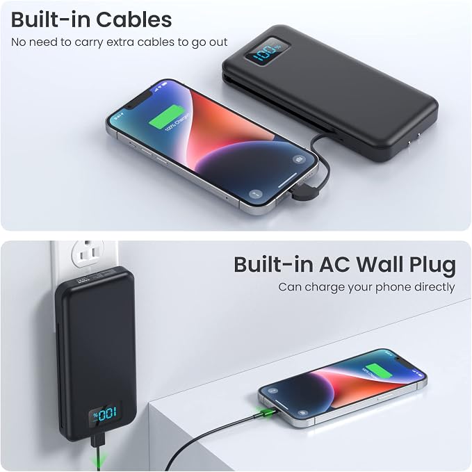 Portable Charger with Built-in AC Plug and Cables,13800mAh USB C Fast Charging Power Bank,Travel Essentials Portable Phone Charger Battery Pack for iPhone 17/16/15/14/13,Galaxy,Android-Graphite Black