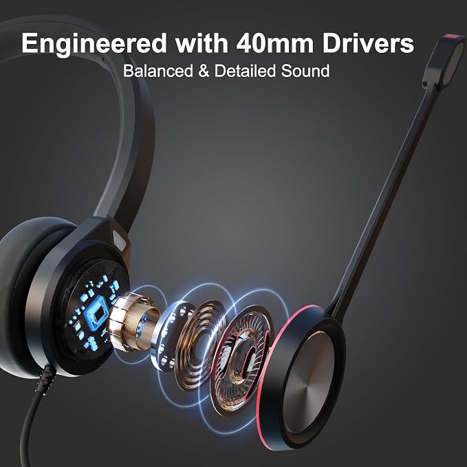 USB Headset with Microphone for PC, 3.5mm & USB A/Type C Wired Computer Headset, Corded PC Headphone with Noise Cancelling Mic, Office Headphones for Business Call Center Teams Laptop