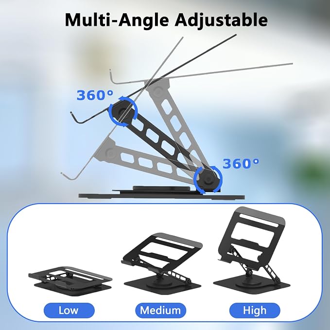 360 Rotation Laptop Stand, Multi-Angle Adjustable Laptop Holder Riser Stable Base Fully Foldable Easy to Storage and Portable Fit for MacBook Pro/Air HP 14 All Under 16” Devices (Black)