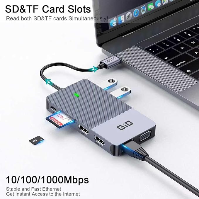USB Docking Station GIQ USB C HUB USB 3.0 to Dual HDMI VGA Adapter Triple Display USB C Laptop Docking Station Dual Monitor HDMI Splitter Extender Compatible with MacBook M1 M2 M3 USB Dock-Grey