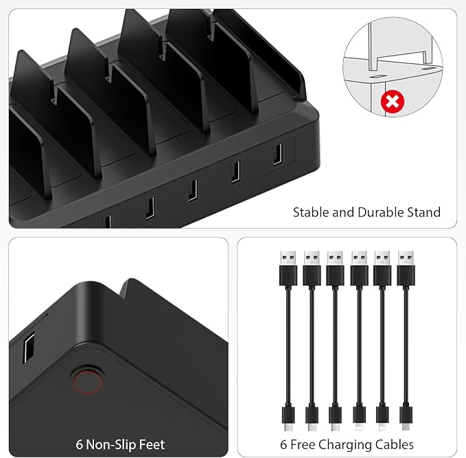 Charging Station for Multiple Devices, 6 Port USB Desktop Charger Dock Compatible with iPad, Samsung, Android, Tablet, Family Multi Phone Charging Organizer with Divider Holders, Fireproof ABS (Black)