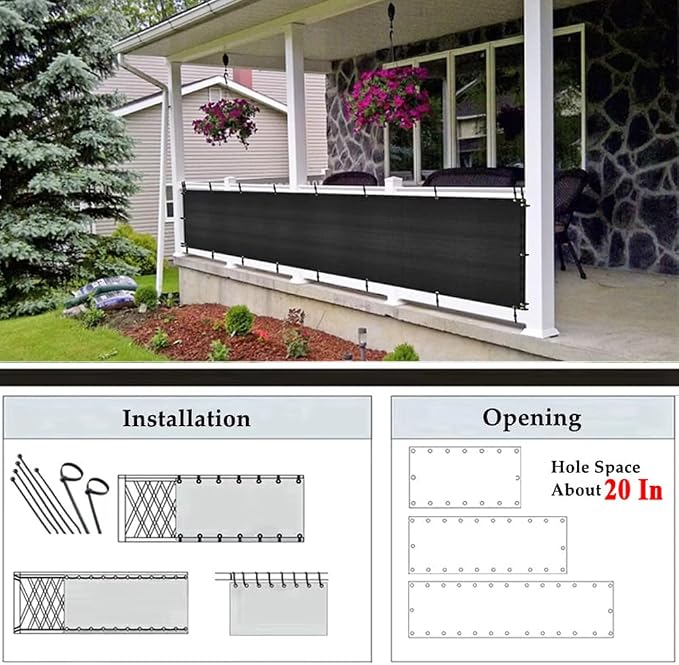 3x10Ft Balcony Privacy Screen, Apartment Railing Cover for Sunshade Wind & UV Protection, Outdoor Privacy Fence Screen for Patio, Terrace, Porch & Poolside Protection (Black)
