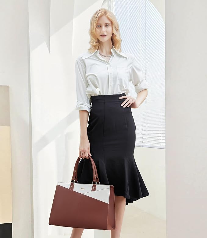 LOVEVOOK Laptop Tote Bag for Women, Leather Business Office Work Bag Computer Briefcase with Small Clutch fit for 15.6 Inch Laptop,Brown-Beige