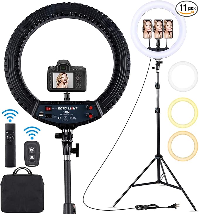 18 inch LED Ring Light with Tripod Stand Dimmable Makeup Selfie Ring Light for Studio Portrait YouTube Vlog Video Shooting with Carrying Bag and Remote Controller, CRI 90