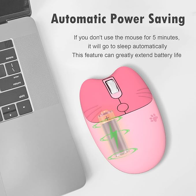 Lomiluskr Cute Cat Wireless Mouse, Lightweight Soundless Mice, 2.4G Wireless Mice, Candy Colors, Kawaii Mouse for Girls and Kids (Pink)