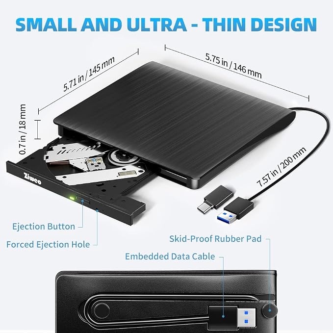 External USB 3.0 Type-C CD DVD +/-RW Drive - Portable CD ROM Reader & DVD Burner with Protective Carrying Case for Laptop/Desktop PC/Mac/Windows/Linux