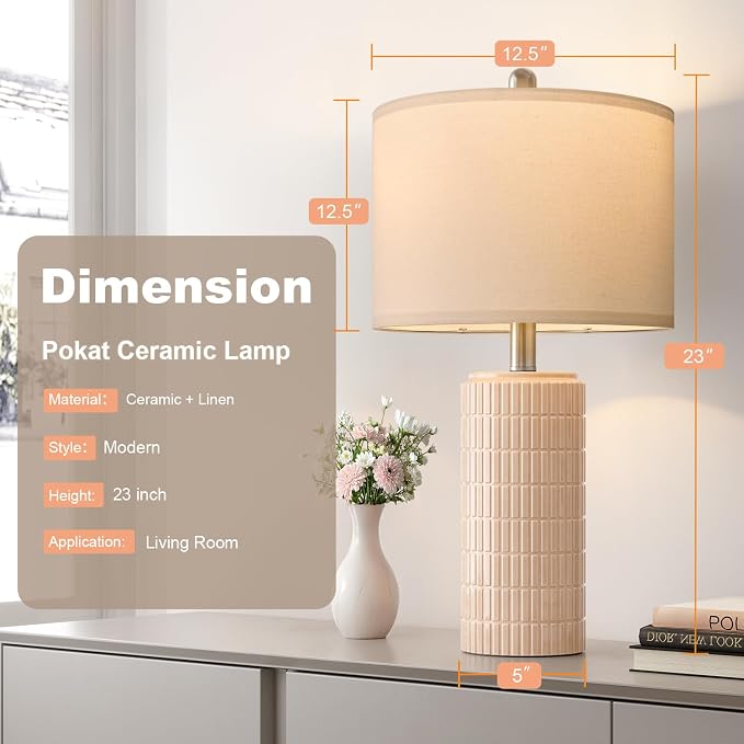 PoKat 23" Pink Ceramic Table Lamps Set of 2, Modern Bedroom Lamps for Girls Room, Bedside Lamps for Night Stands, Cute Lamps for Living Room Decor, Nightstands Desk Lamp, Pink