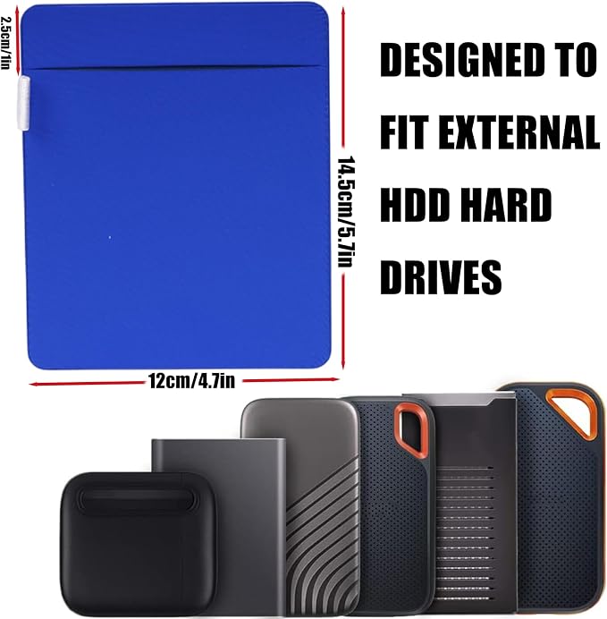 RIVEENY Portable Hard Drive Sleeve for Laptop, Adhesive Pouch for Laptop, Compatible with External Portable SSD, USB Cable Battery Pack, Wireless Mouse, Cables, Earphones (Blue)