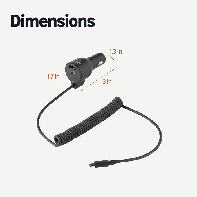 Amazon Basics Fast-Charging Car Charger, 60W, 1 USB-C Port (30W), 1 USB-A Port, 1 Built-in Coiled USB-C Cable (30W), Black
