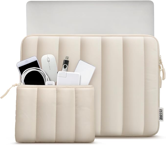 TECOOL Puffy Laptop Case 15.6 inch,15.6 inch Laptop Sleeve for 15-15.6" Lenovo Thinkpad Ideapad HP Acer Asus Dell Chromebook, Protective Waterproof Sleeve 15 inch Notebook Bag with Small Case,Beige