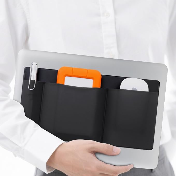 Lacdo 3-Pocket Mouse Holder for Laptop Stick on, External Hard Drive SSD Holder for Laptop, Stick on Pouch Organizer Adhesive Pocket Storage Sleeve for Mouse/HDD/SSD/Cables, Computer Accessories,Black