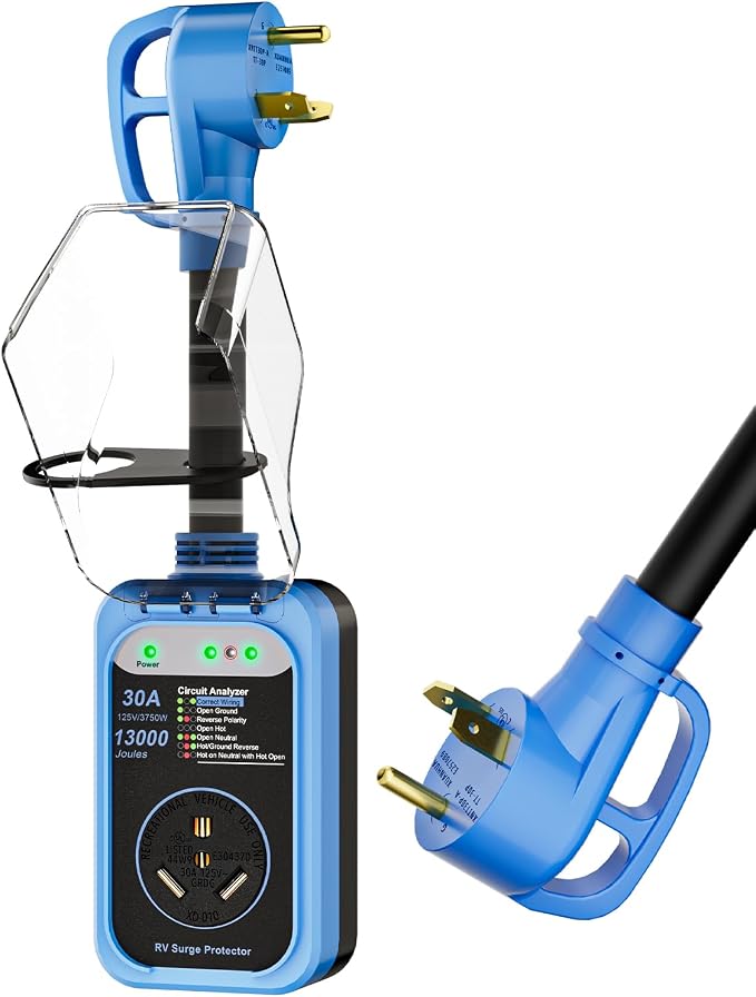 RV Surge Protector 30 Amp, 13000 Joules RV Circuit Analyzer with Waterproof Cover,RV Adapter Plug for Camper Travel Trailers (30AMP-Blue)