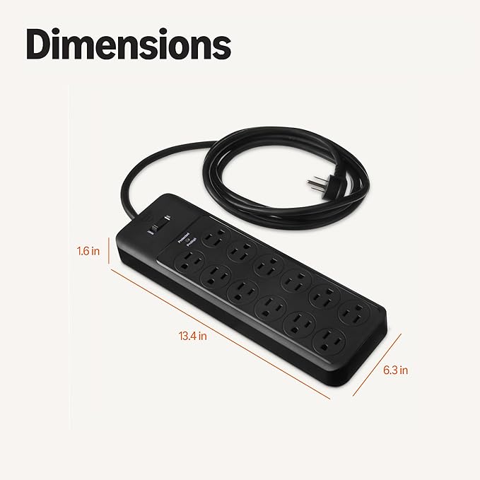 Amazon Basics 12-Outlet Surge Protector Power Strip, 4000 Joules, 8ft Extension Cord, Rectangle, for Home, Office, Gaming Room, Black (Pack of 2)