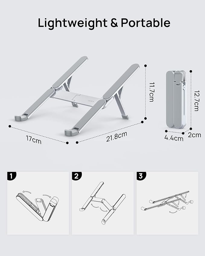 SODI Ultra Compact Foldable Laptop Stand - Portable Laptop Holder for Desk & Travel Use, Ergonomic Aluminum Computer Holder with Adjustable Height for MacBook, Tablet 10-16" (Light Gray, Bi-Fold)