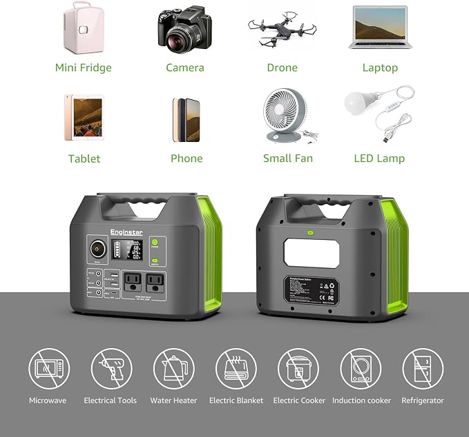 EnginStar Solar Generator, 300W Portable Power Station, 296Wh Lithium Battery Backup w/Two 110V Pure Sine Wave AC Outlet for Camping Road Trip RV, 80000mAh Sufficient Power Supply for Blackout